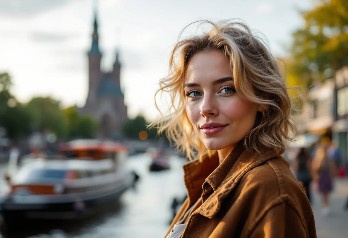 Een vrouw van midden veertig met een frisse, natuurlijke uitstraling en subtiel hersteld volume in haar gezicht, staand aan de Graslei in Gent met de historische gevels op de achtergrond tijdens een zomerse namiddag.