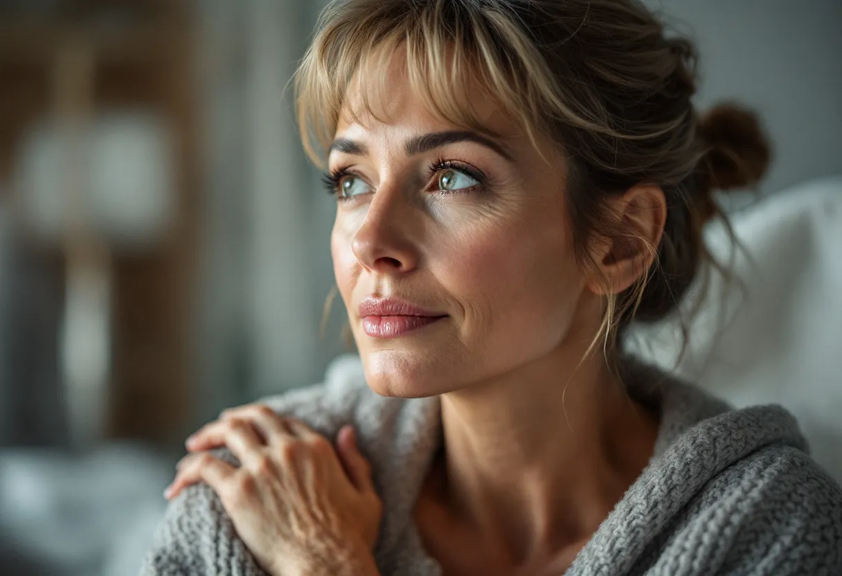 Een vrouw van eind veertig met een ontspannen, stralende huid zit in een lichte behandelkamer in Gent, haar hand rust zacht op haar wang terwijl ze glimlacht naar de spiegel.